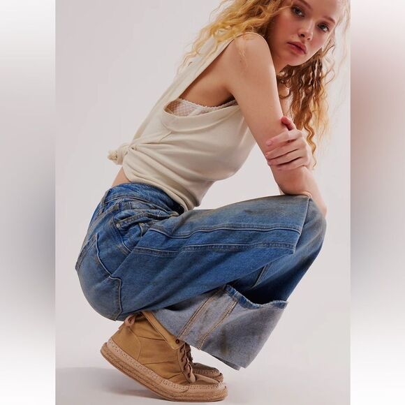 Free People Menorca Lace Up Boots in Tan Canvas, Size 8 NIB - Picture 1 of 10